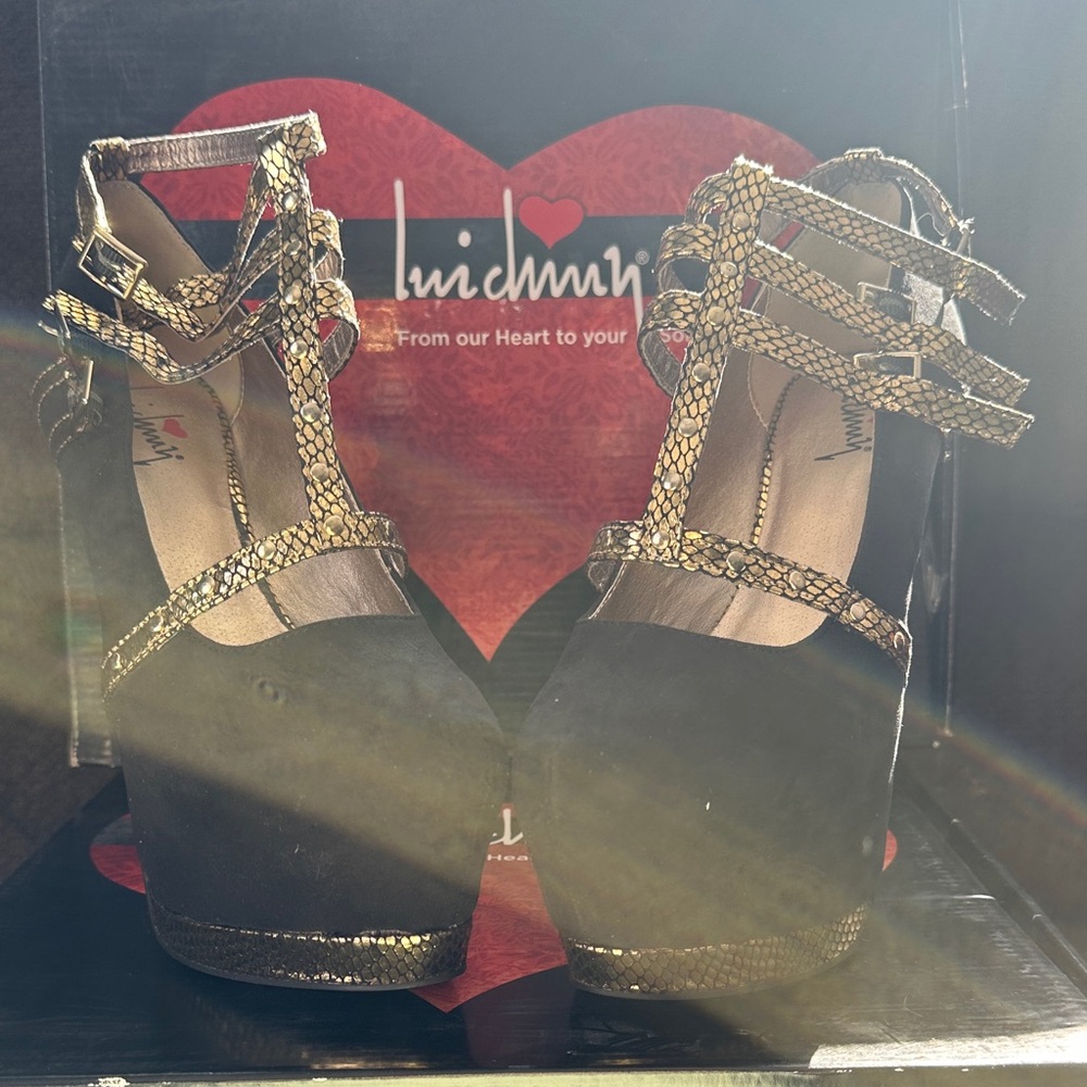 Luichiny Black and Gold 7” Platform Heels